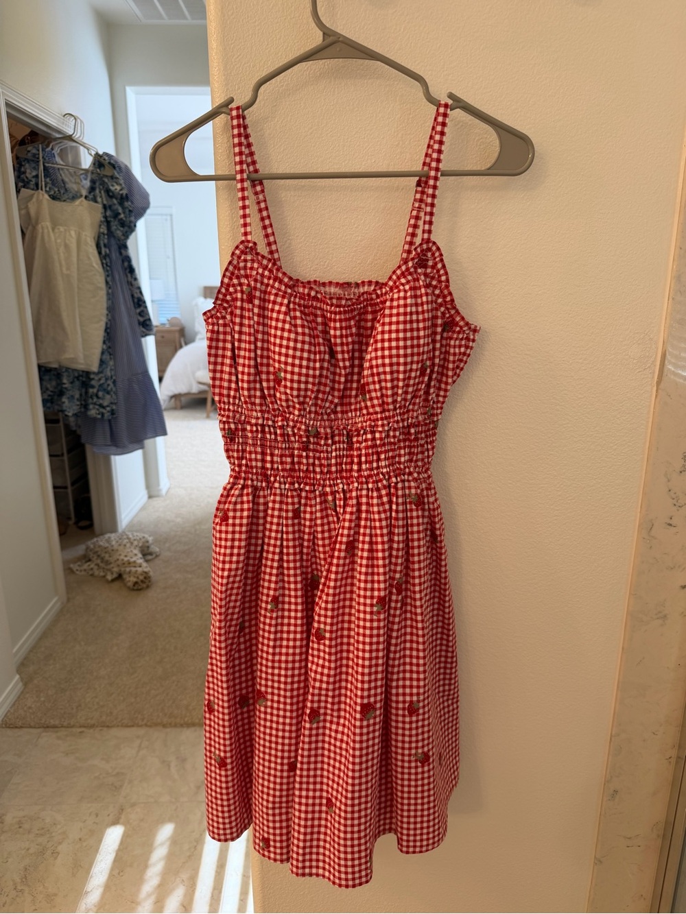 Abercrombie & Fitch Red Gingham Mini Dress with Strawberry Detail